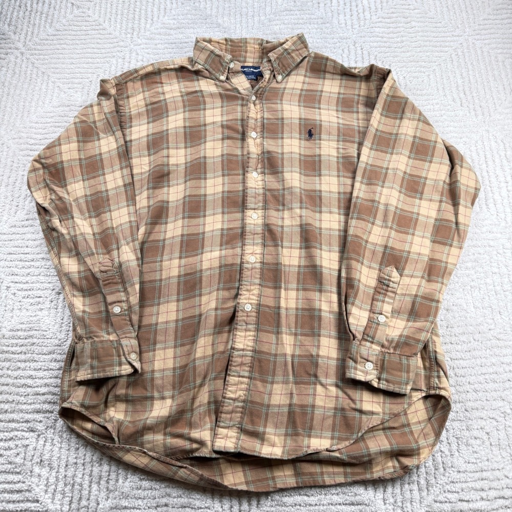 Ralph Lauren Golf Button Shirt Men's Large Brown Plaid Tilden 90s Old Money Polo